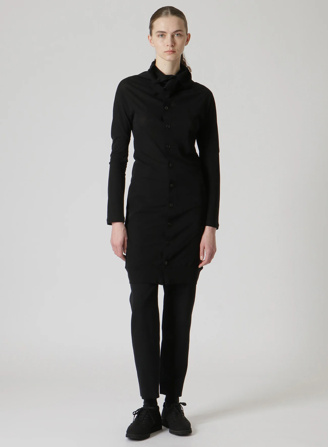 COSMORAMA COTTON DRAPED LONG SLEEVE BUTTON-UP TURTLENECK TOP - Image 3