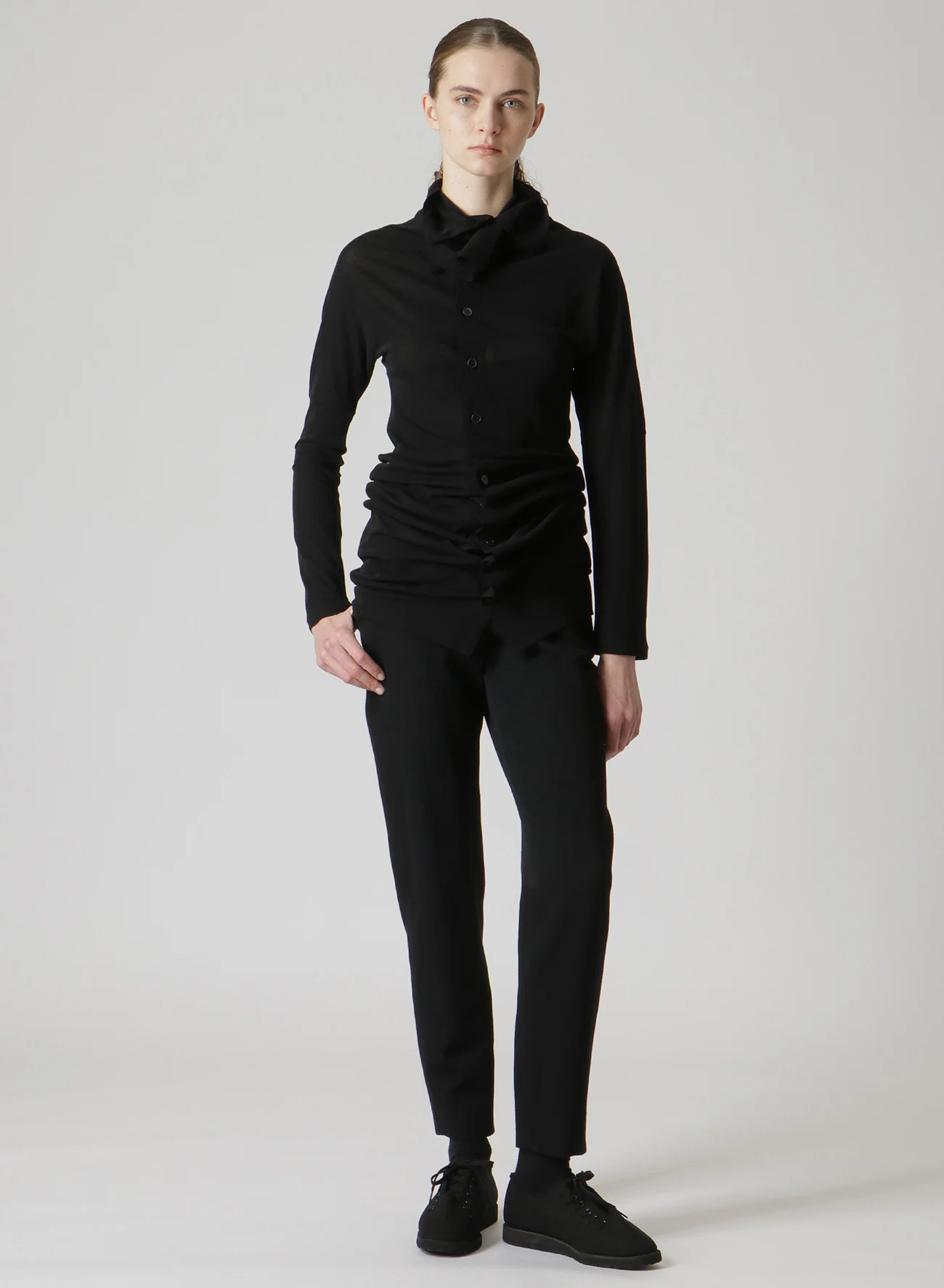 COSMORAMA COTTON DRAPED LONG SLEEVE BUTTON-UP TURTLENECK TOP - Image 9