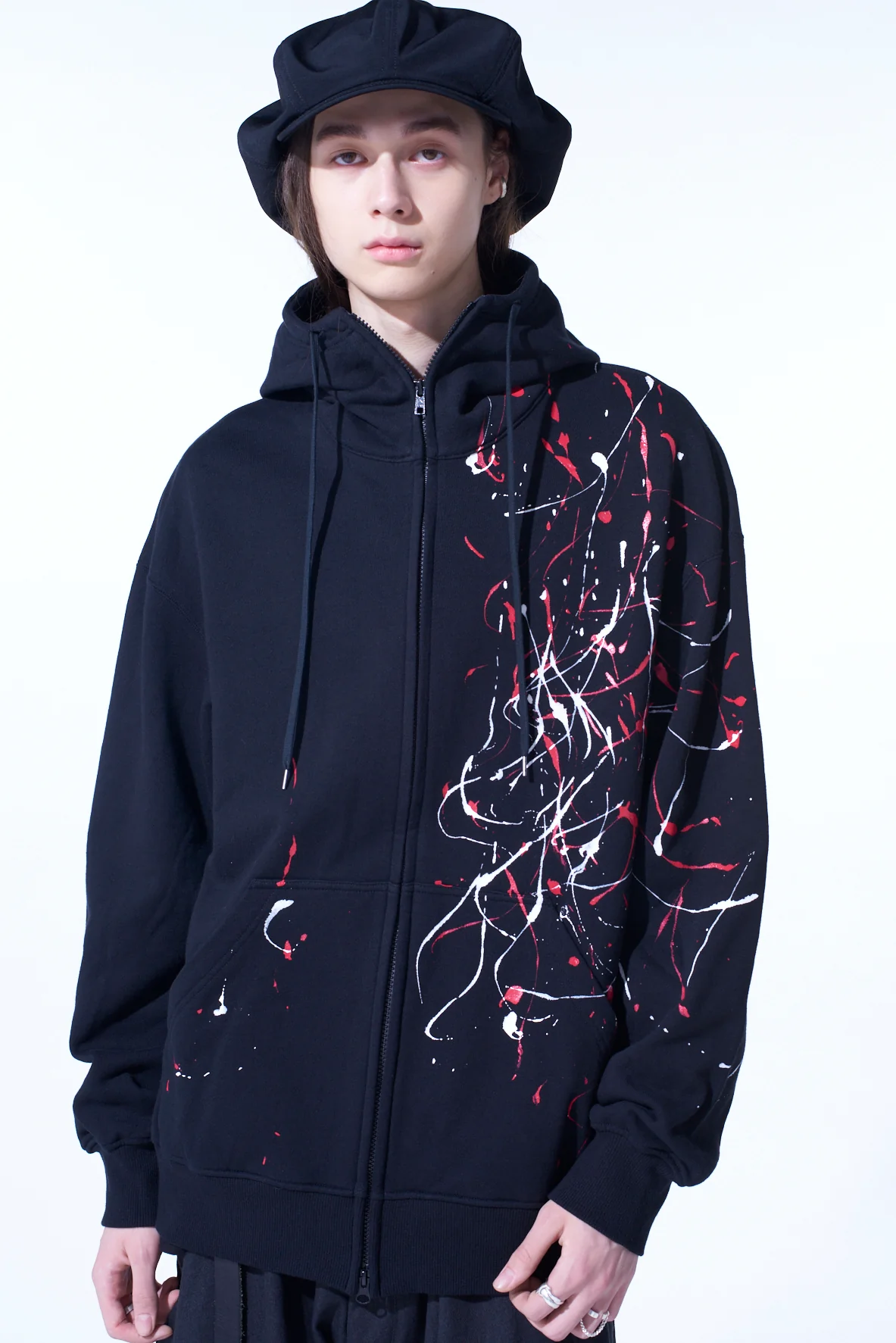 FRENCH TERRY SPLASH PAINTED ZIP-UP HOODIE RED - Image 3